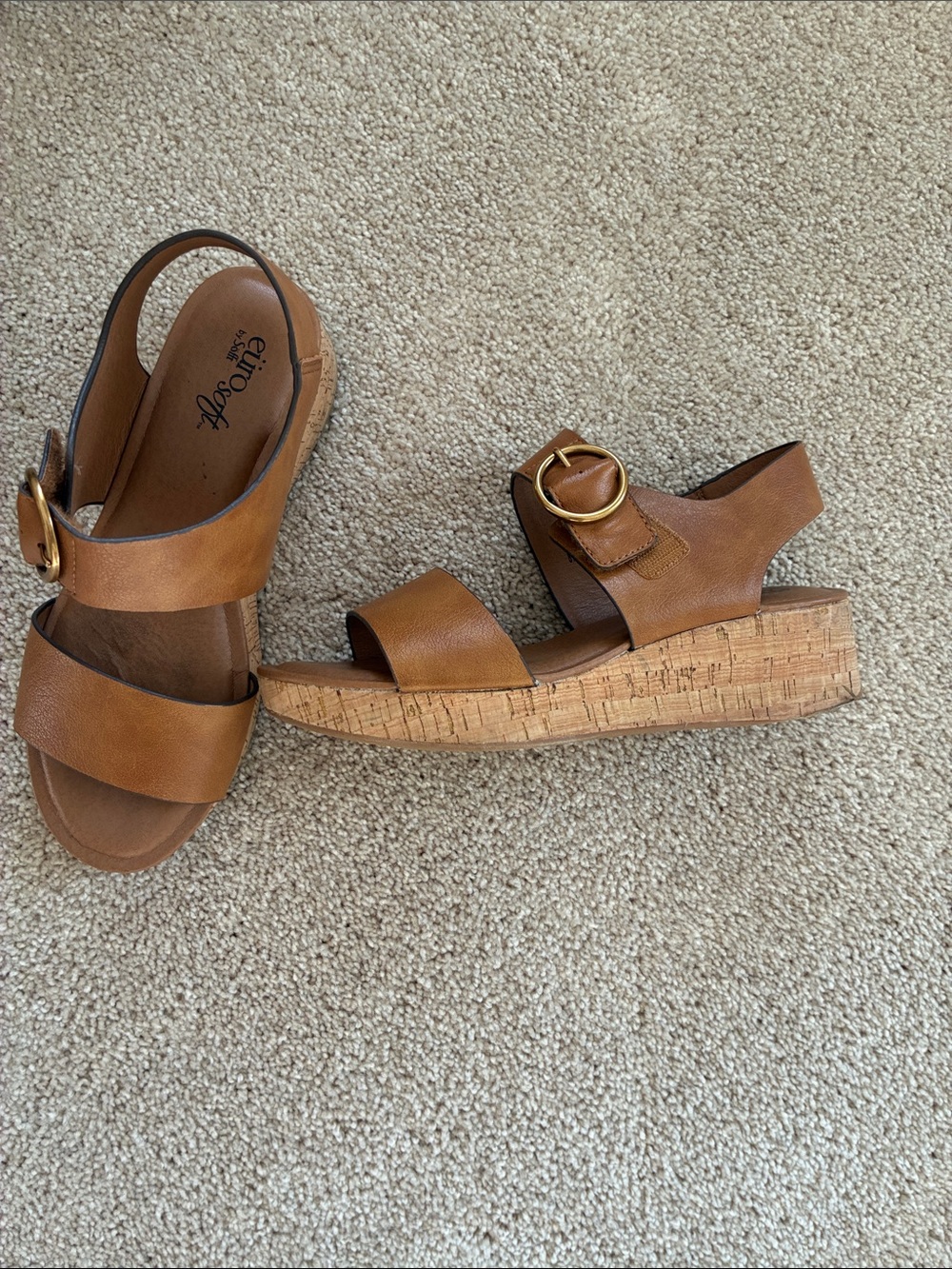 Eurosport Tan Cork Wedge Sandals with Gold Buckle